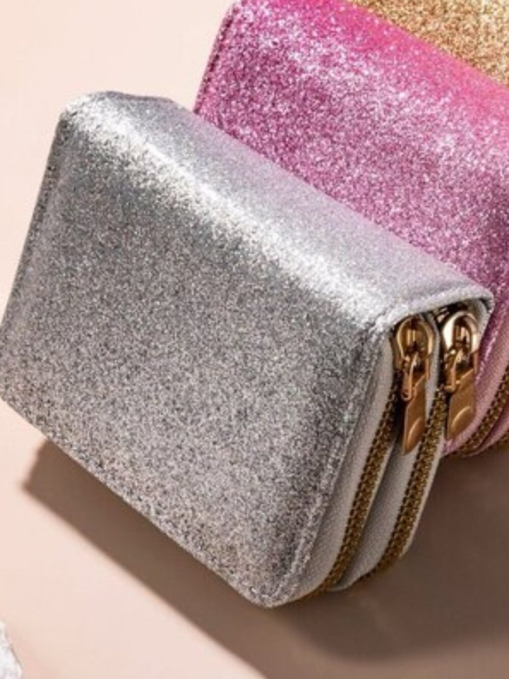 2/$30 NWT Glitter Double Zip Wallet in Silver Sparkle Card Holder & Wallet